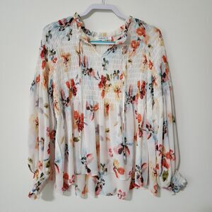 Rose + Olive Womens Smoked Ruffle Sheer Blouse Tunic Top Romantic Floral Size M